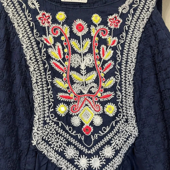 Maeve Womens Navy Blue Embroidered Dress Boho Swing 0 Sleeveless Textured Anthro - Picture 4 of 8